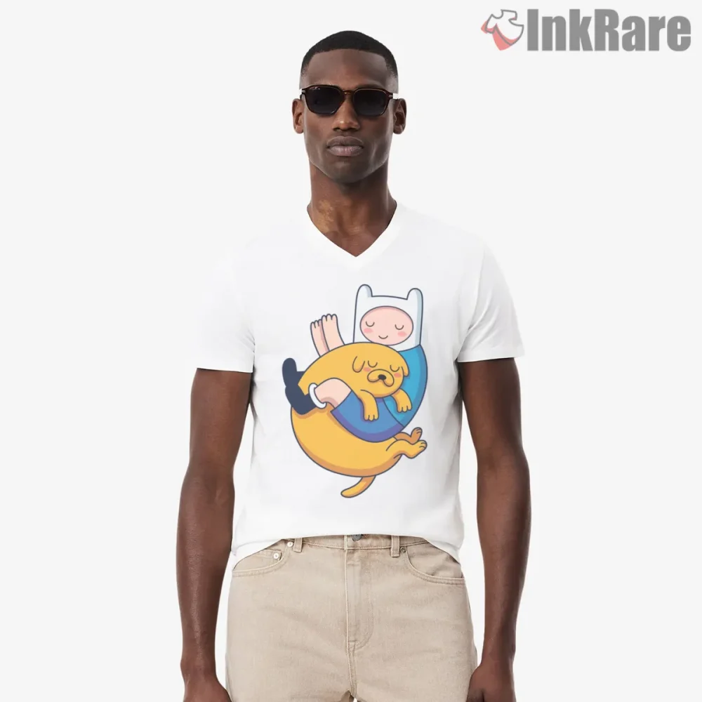 Finn And Jake Relaxed Hug Cute Cartoon Shirt on white v-neck shirt for men graphic tee