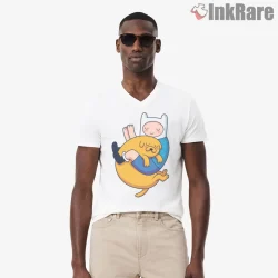 Finn And Jake Relaxed Hug Cute Cartoon Shirt on white v-neck shirt for men graphic tee