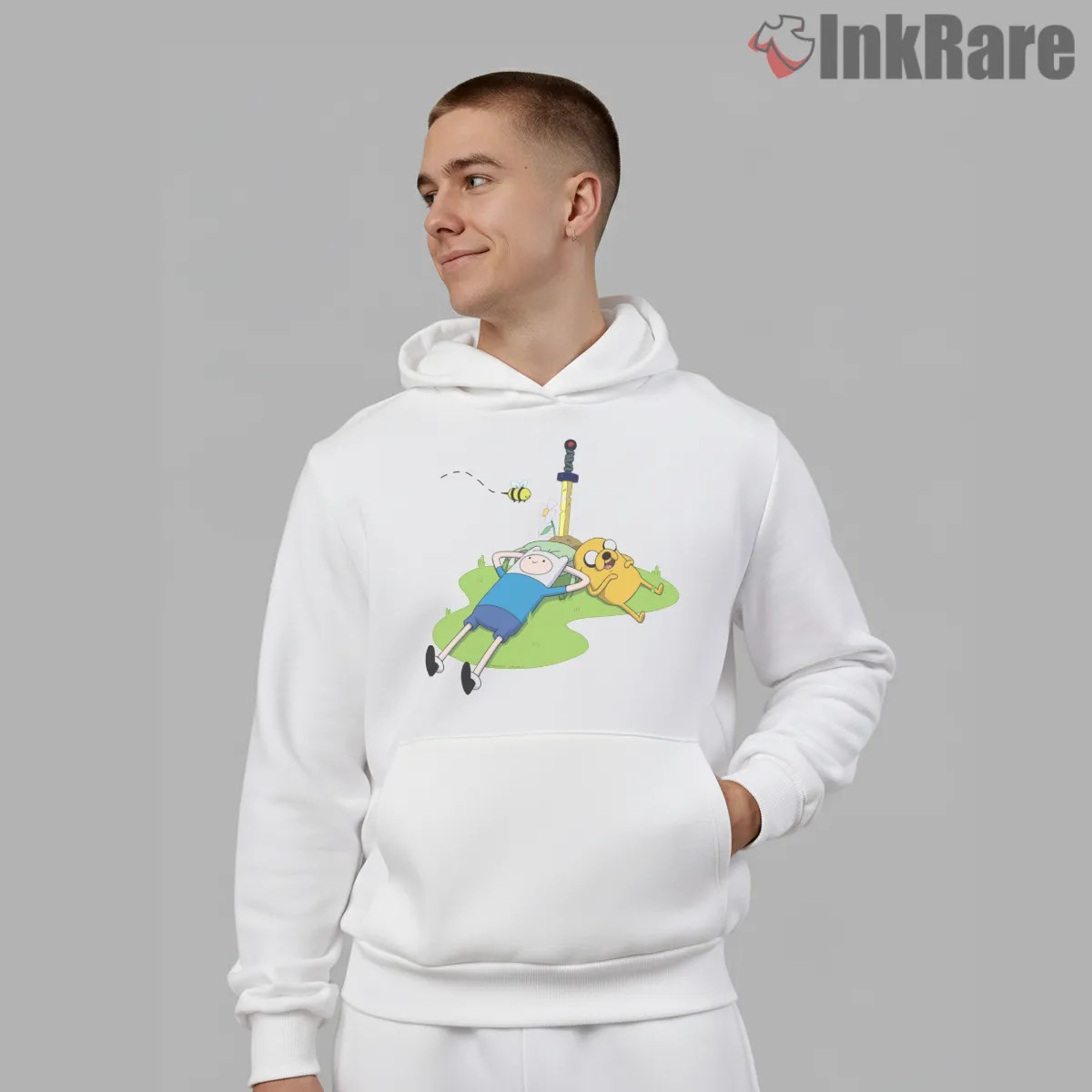 Finn And Jake Relaxing On Grass Calm Cartoon Hoodie White Finn And Jake Relaxing On Grass Calm Cartoon Shirt on white hoodie for men graphic tee