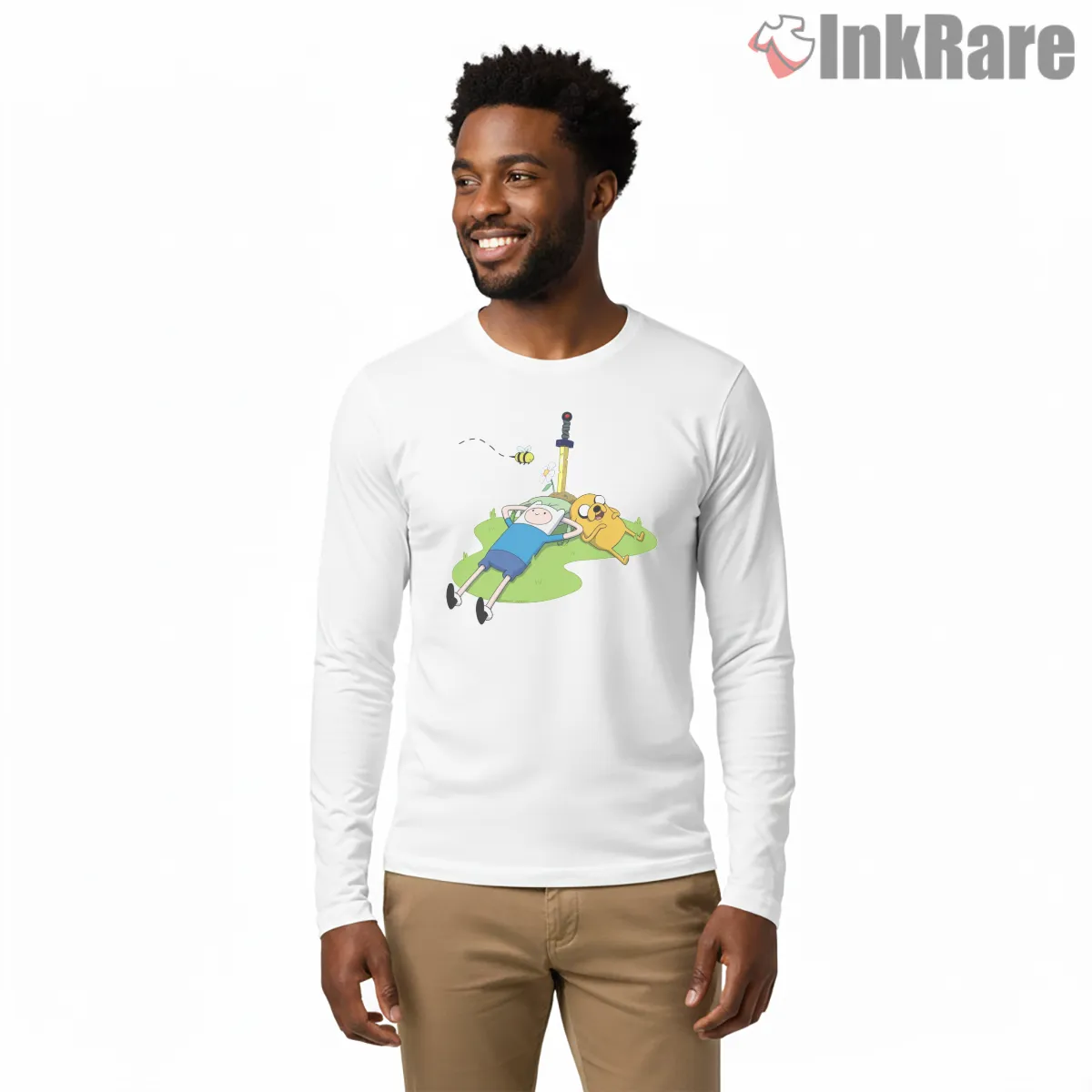 Finn And Jake Relaxing On Grass Calm Cartoon Long Sleeve White Finn And Jake Relaxing On Grass Calm Cartoon Shirt on white long sleeve shirt for men graphic tee