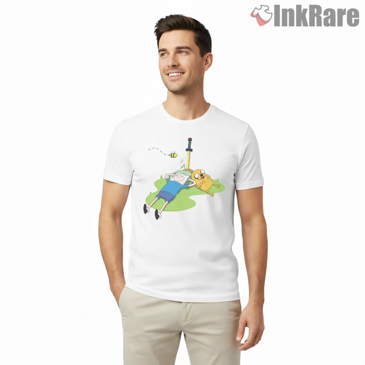 Finn And Jake Relaxing On Grass Calm Cartoon Short Sleeve White Finn And Jake Relaxing On Grass Calm Cartoon Shirt on white short sleeve shirt for men graphic tee