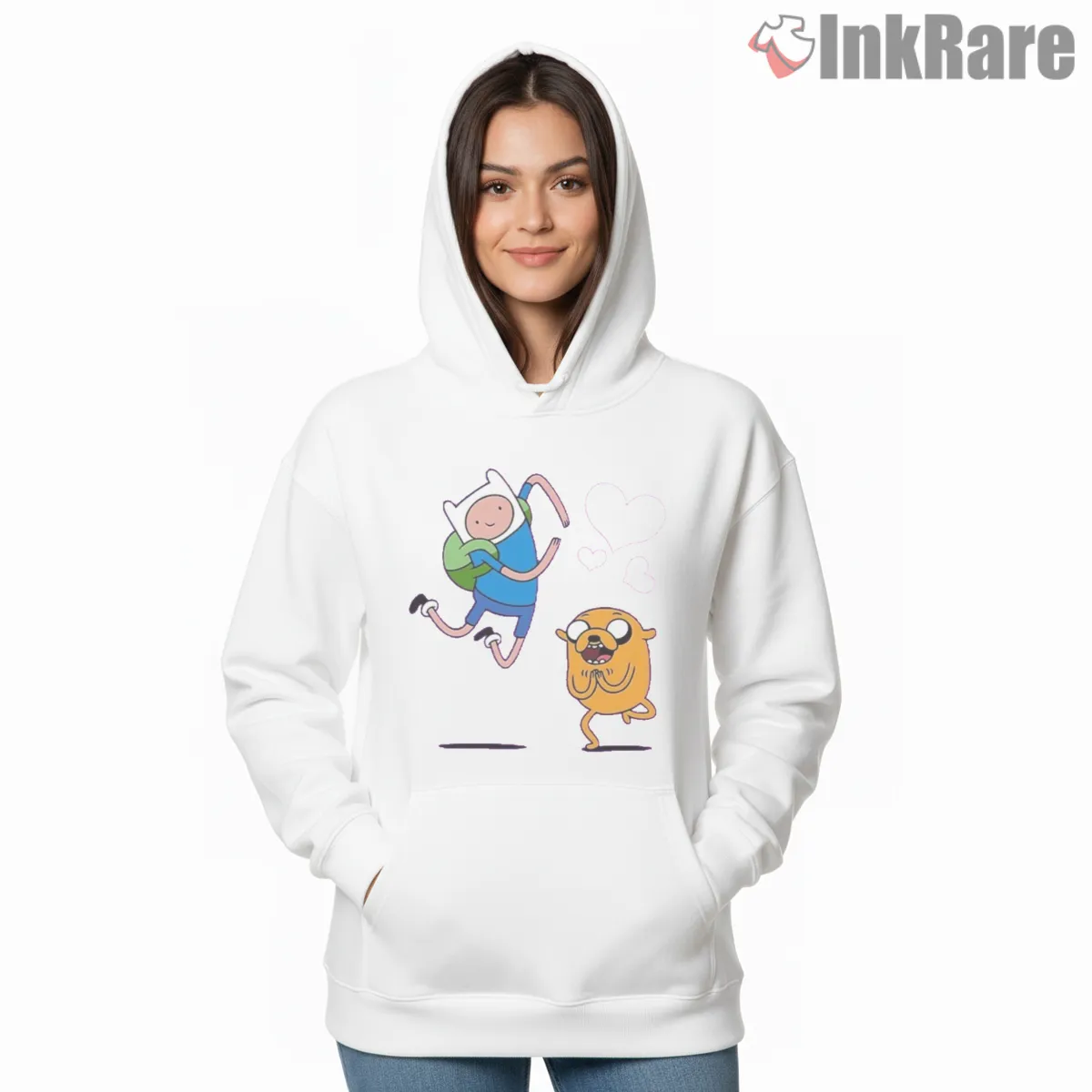 Finn And Jake Running Hearts Cute Cartoon Hoodie White Finn And Jake Running Hearts Cute Cartoon Shirt on white hoodie for women graphic tee