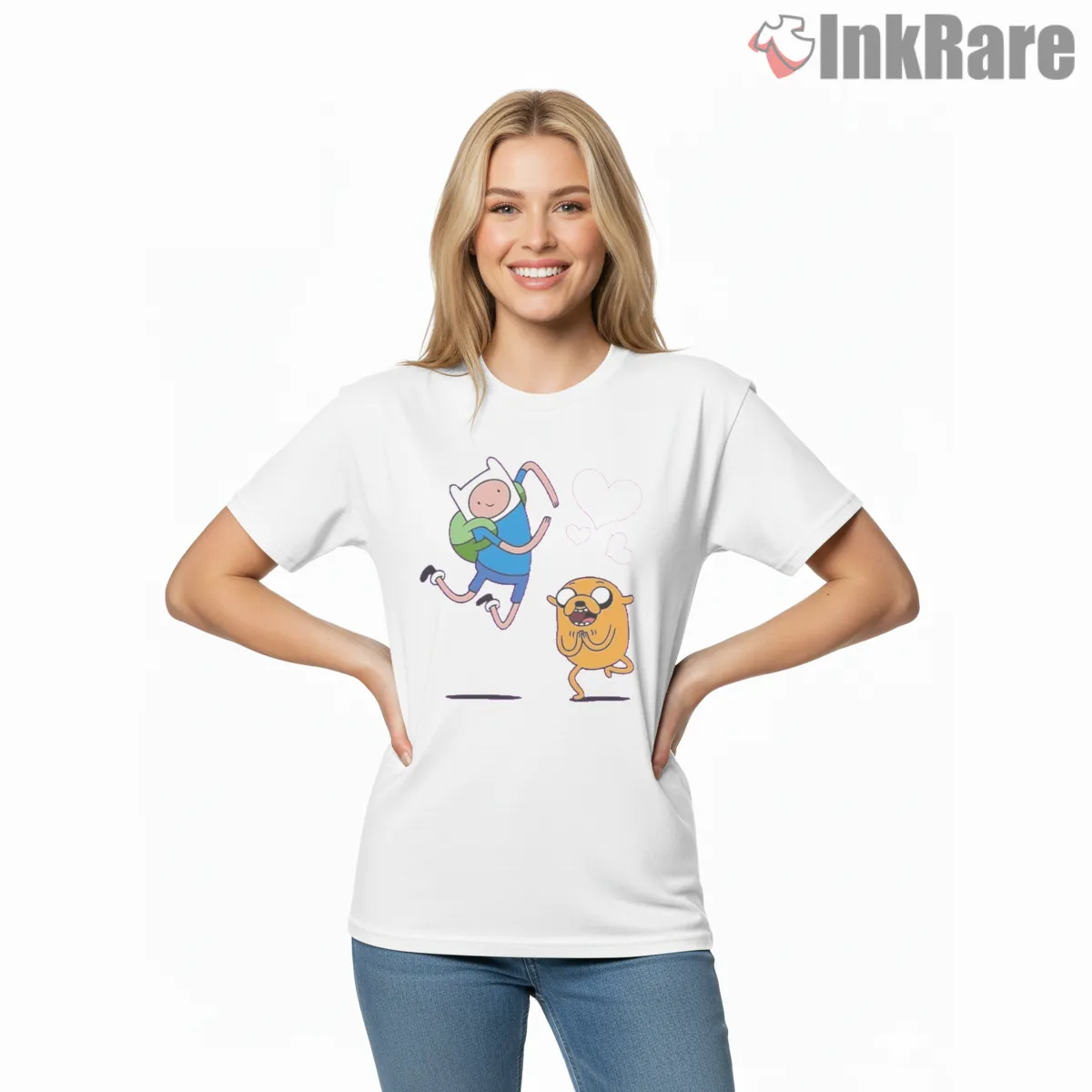 Finn And Jake Running Hearts Cute Cartoon Short Sleeve White Finn And Jake Running Hearts Cute Cartoon Shirt on white short sleeve shirt for women graphic tee