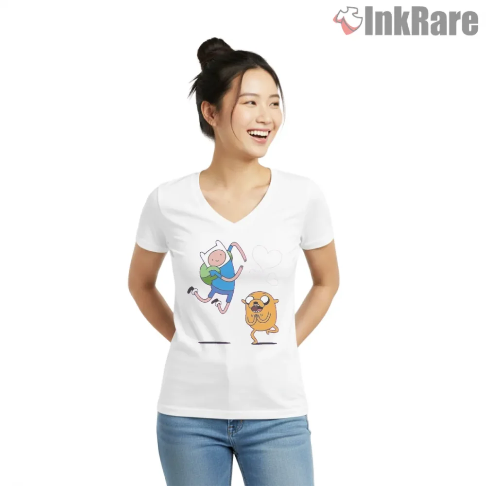 Finn And Jake Running Hearts Cute Cartoon Shirt on white v-neck shirt for women graphic tee