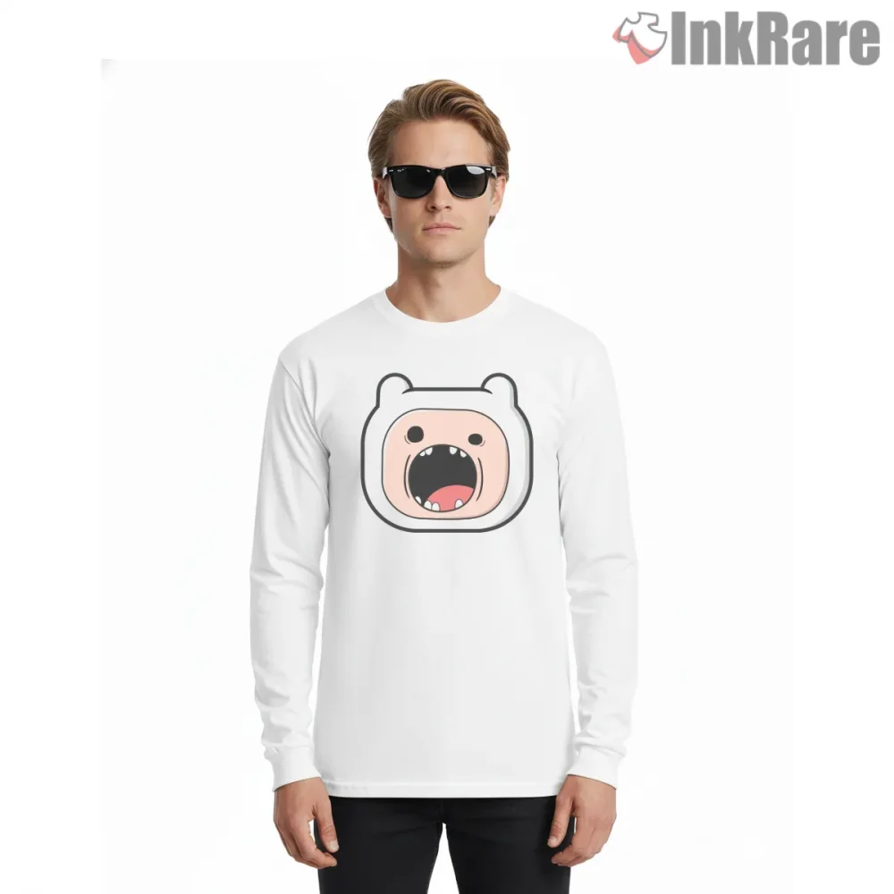 Finn Angry Expression Close Up Cartoon Shirt on white long sleeve shirt for men graphic tee