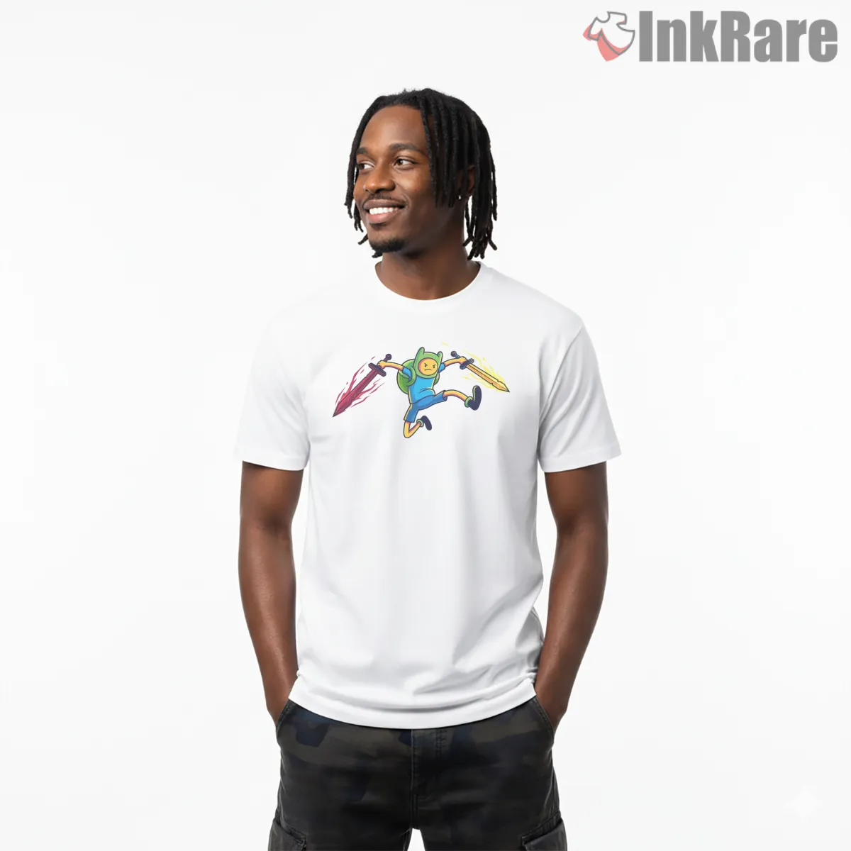 Finn Double Swords Action Pose Adventure Time Short Sleeve White Finn Double Swords Action Pose Adventure Time Shirt on white short sleeve shirt for men graphic tee