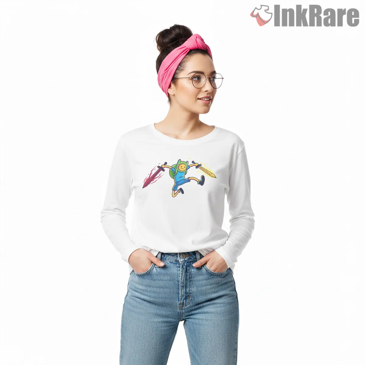Finn Double Swords Action Pose Adventure Time Long Sleeve White Finn Double Swords Action Pose Adventure Time Shirt on white long sleeve shirt for women graphic tee