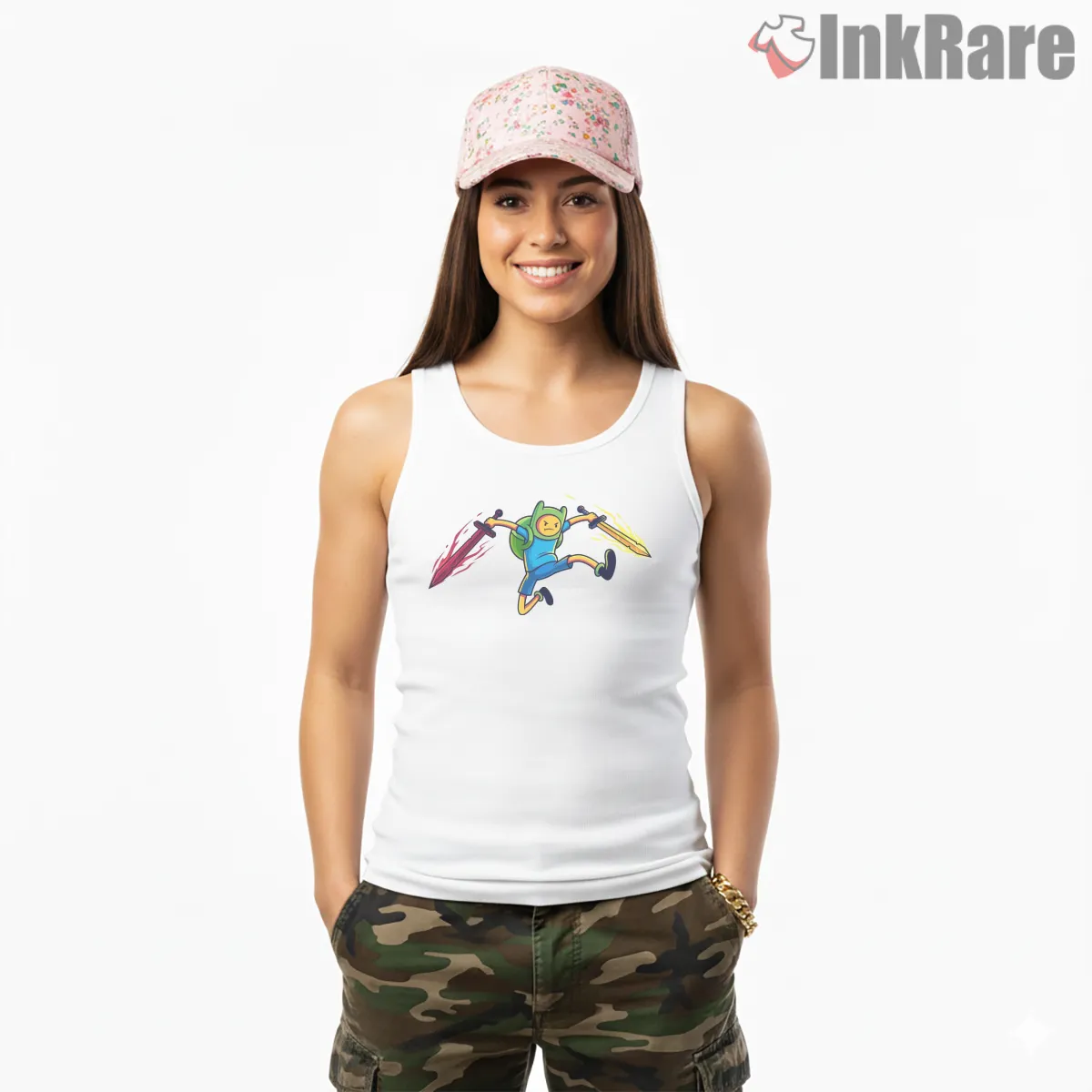 Finn Double Swords Action Pose Adventure Time Tank Top White Finn Double Swords Action Pose Adventure Time Shirt on white tank top for women graphic tee