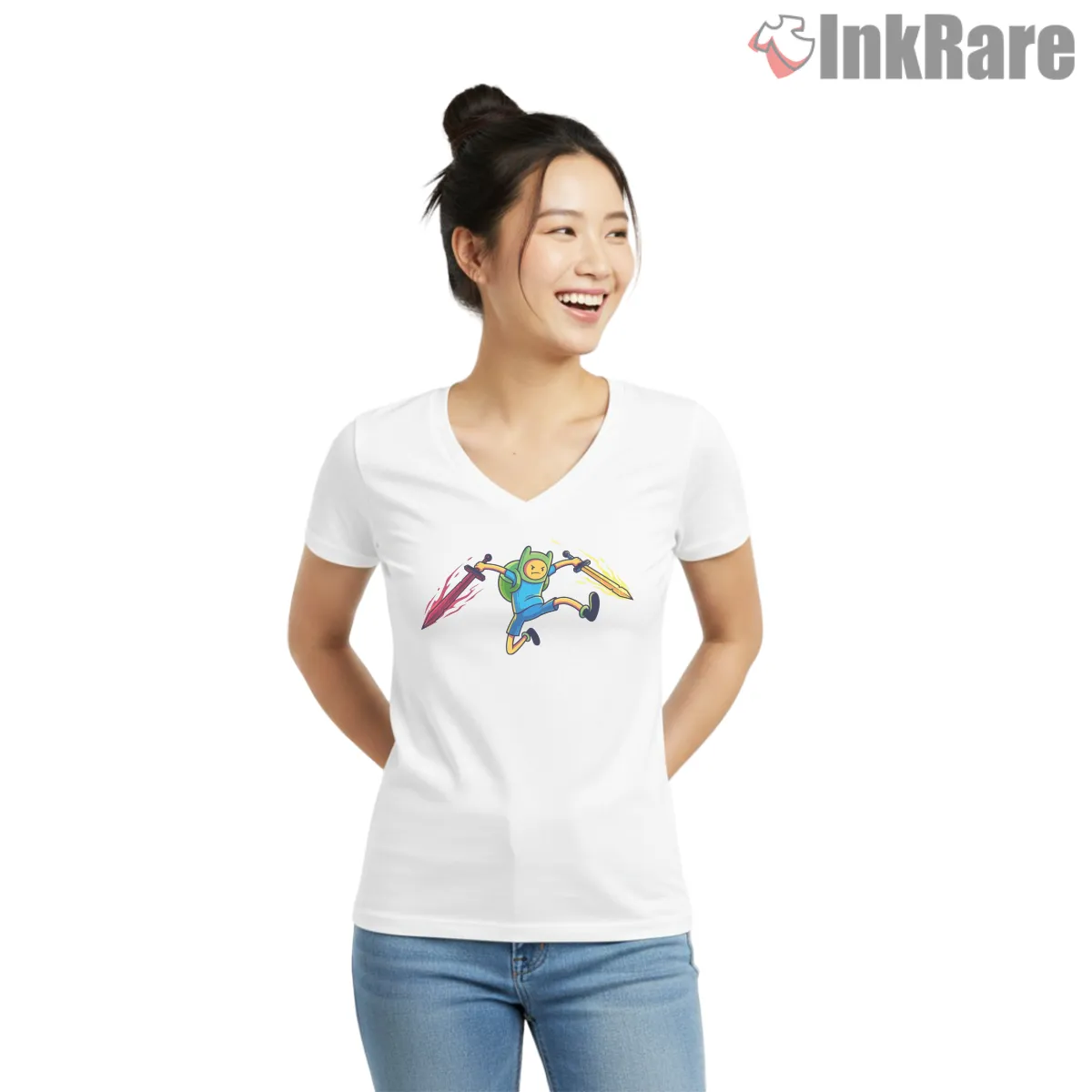 Finn Double Swords Action Pose Adventure Time V Neck White Finn Double Swords Action Pose Adventure Time Shirt on white v-neck shirt for women graphic tee