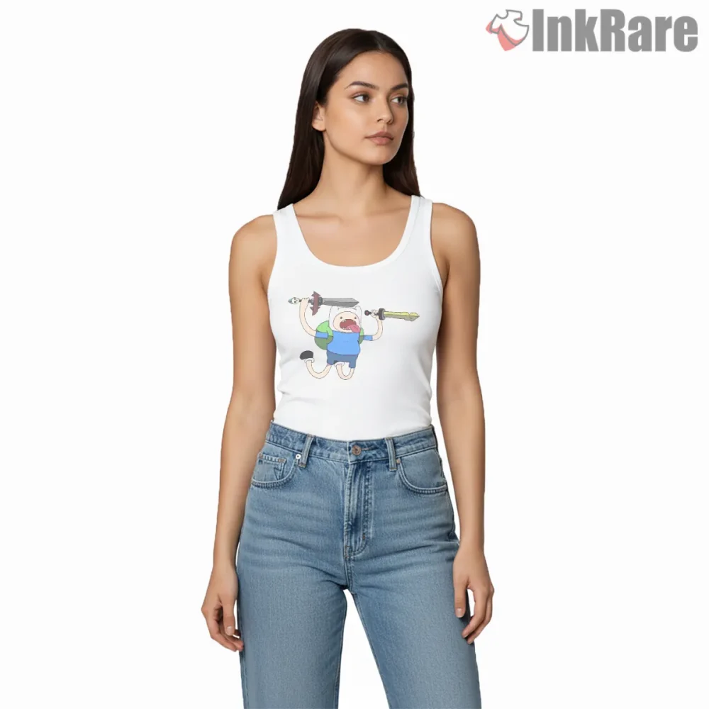Finn Dual Swords Action Adventure Cartoon Shirt on white tank top for women graphic tee