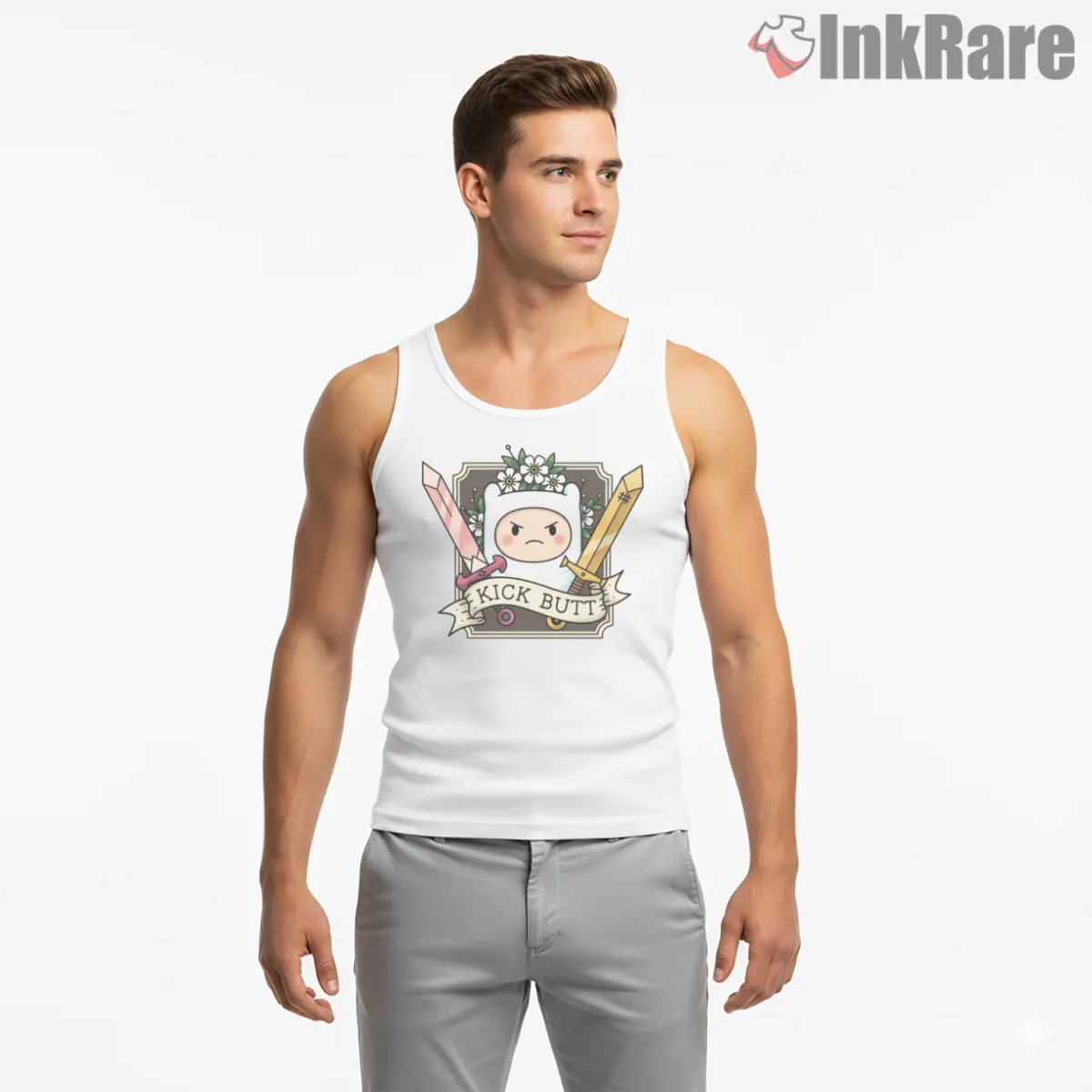 Finn Dual Swords Tattoo Style Adventure Cartoon Tank Top White Finn Dual Swords Tattoo Style Adventure Cartoon Shirt on white tank top for men graphic tee