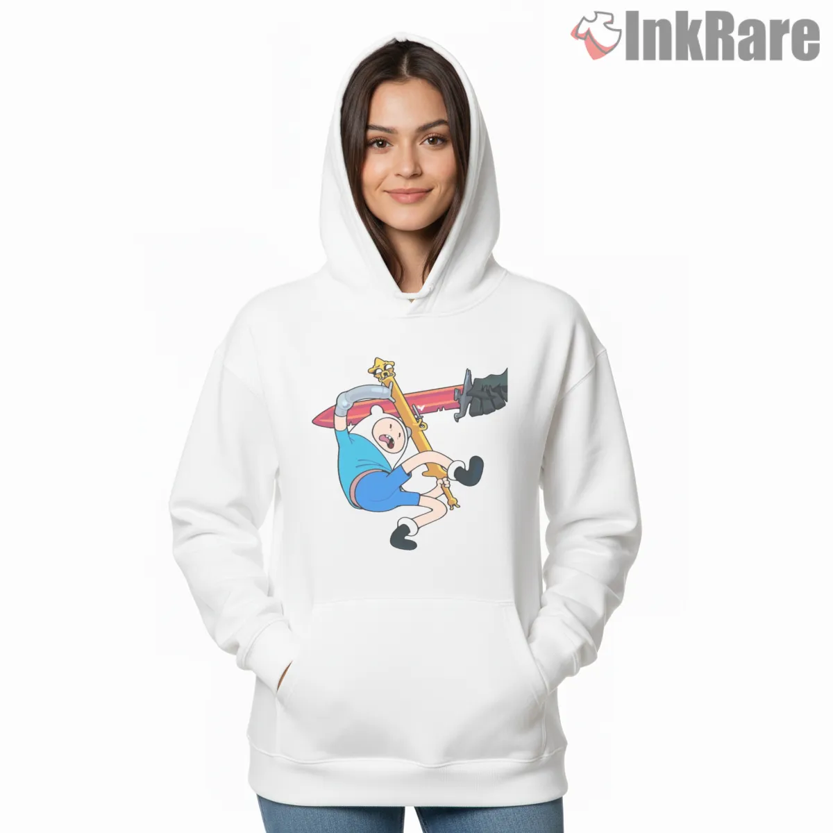 Finn Final Battle Sword Action Adventure Cartoon Hoodie White Finn Final Battle Sword Action Adventure Cartoon Shirt on white hoodie for women graphic tee