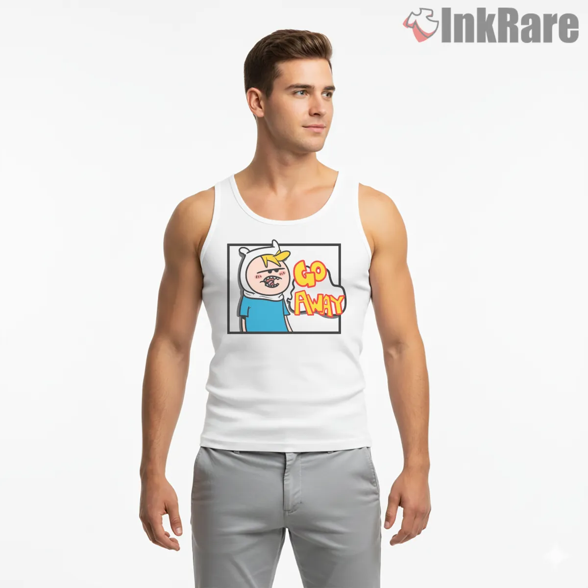 Finn Go Away Meme Expression Cartoon Tank Top White Finn Go Away Meme Expression Cartoon Shirt on white tank top for men graphic tee