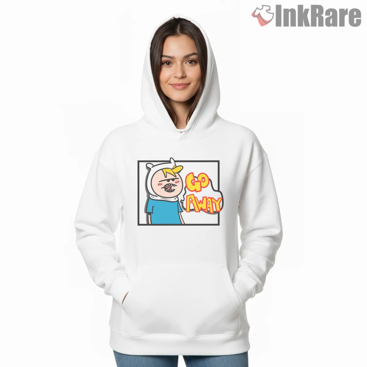 Finn Go Away Meme Expression Cartoon Hoodie White Finn Go Away Meme Expression Cartoon Shirt on white hoodie for women graphic tee