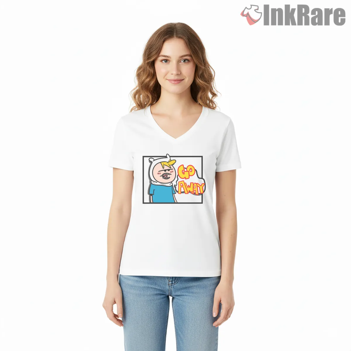 Finn Go Away Meme Expression Cartoon V Neck White Finn Go Away Meme Expression Cartoon Shirt on white v-neck shirt for women graphic tee