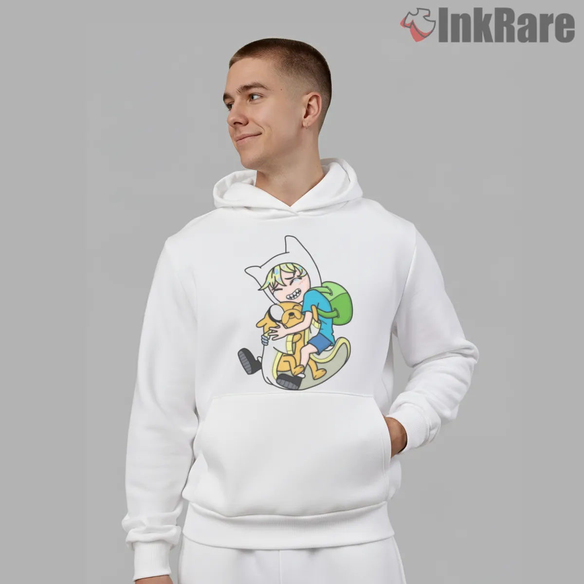 Finn Hugging Jake Friendship Cute Cartoon Hoodie White Finn Hugging Jake Friendship Cute Cartoon Shirt on white hoodie for men graphic tee