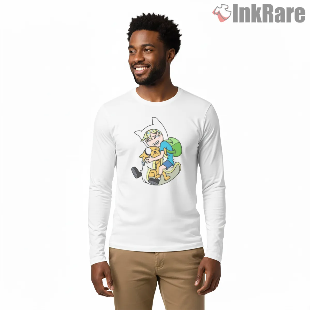 Finn Hugging Jake Friendship Cute Cartoon Long Sleeve White Finn Hugging Jake Friendship Cute Cartoon Shirt on white long sleeve shirt for men graphic tee