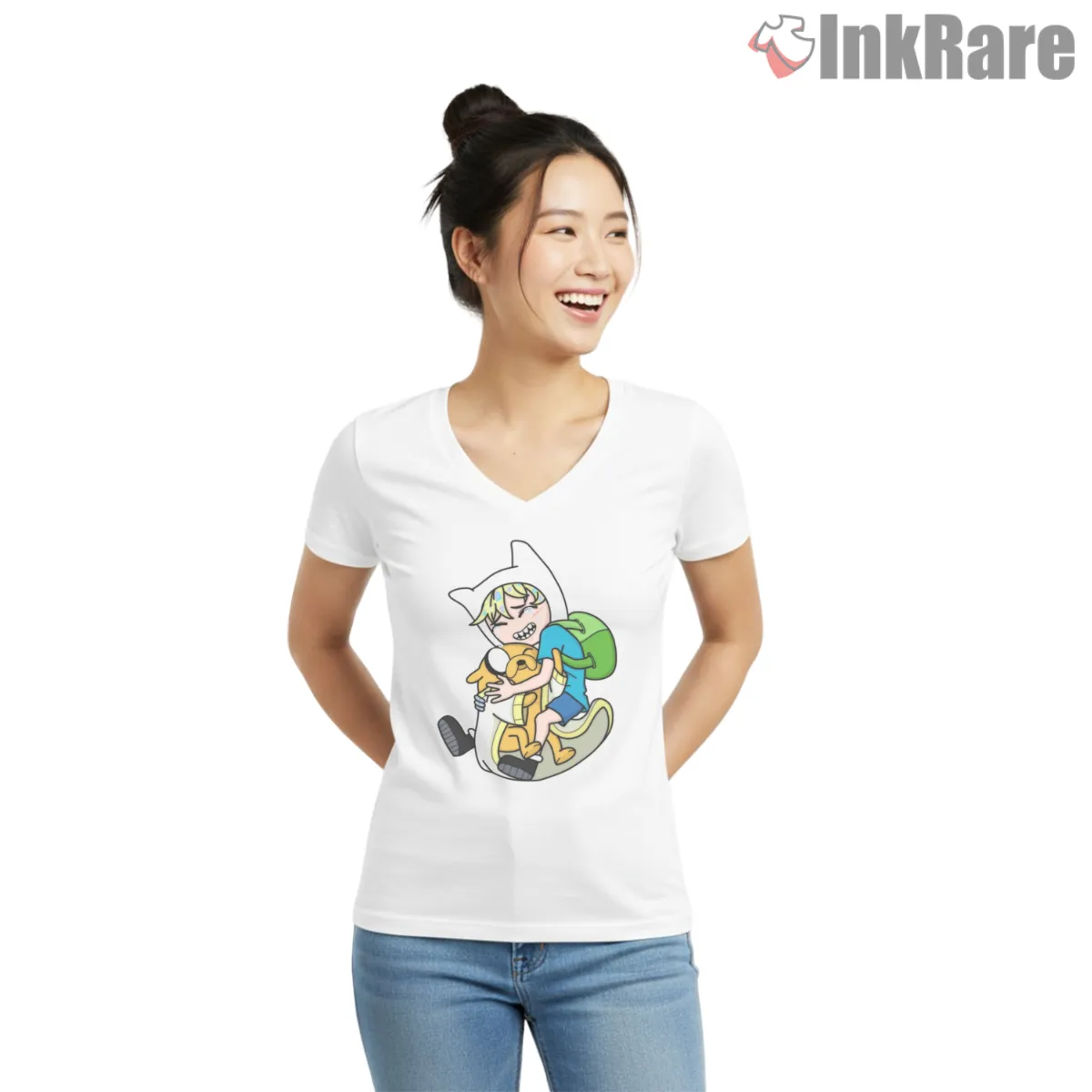 Finn Hugging Jake Friendship Cute Cartoon V Neck White Finn Hugging Jake Friendship Cute Cartoon Shirt on white v-neck shirt for women graphic tee