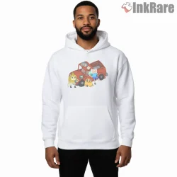 Finn Jake Bmo Fixing Truck Adventure Scene Shirt on white hoodie for men graphic tee