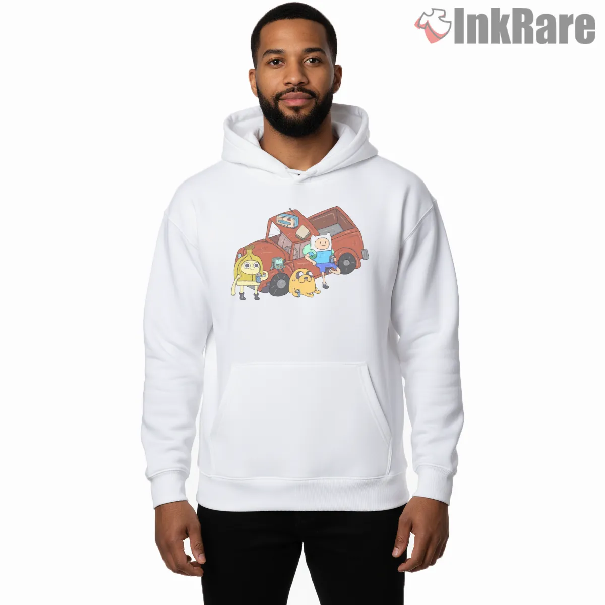 Finn Jake Bmo Fixing Truck Adventure Scene Hoodie White Finn Jake Bmo Fixing Truck Adventure Scene Shirt on white hoodie for men graphic tee