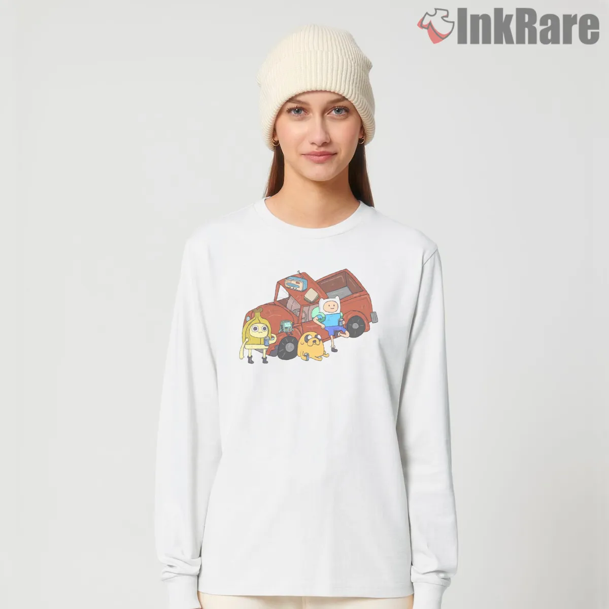 Finn Jake Bmo Fixing Truck Adventure Scene Long Sleeve White Finn Jake Bmo Fixing Truck Adventure Scene Shirt on white long sleeve shirt for women graphic tee