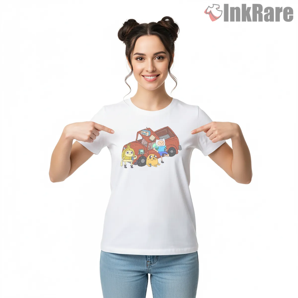 Finn Jake Bmo Fixing Truck Adventure Scene Short Sleeve White Finn Jake Bmo Fixing Truck Adventure Scene Shirt on white short sleeve shirt for women graphic tee