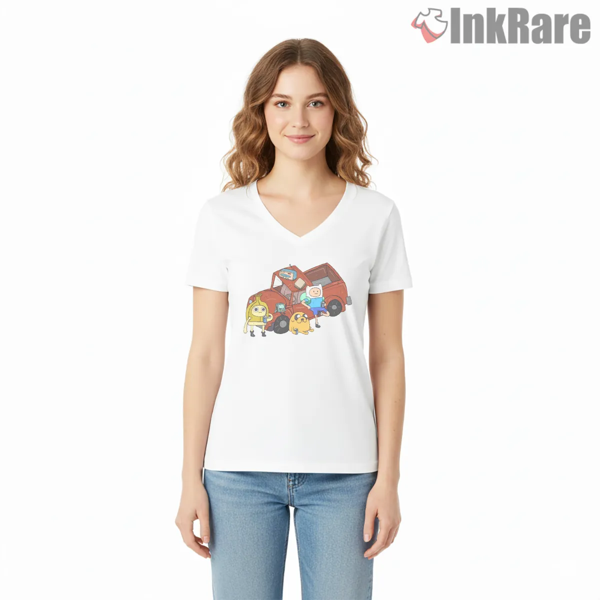 Finn Jake Bmo Fixing Truck Adventure Scene V Neck White Finn Jake Bmo Fixing Truck Adventure Scene Shirt on white v-neck shirt for women graphic tee