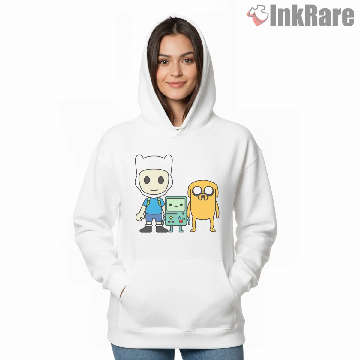 Finn Jake Bmo Trio Classic Minimal Cartoon Hoodie White Finn Jake Bmo Trio Classic Minimal Cartoon Shirt on white hoodie for women graphic tee