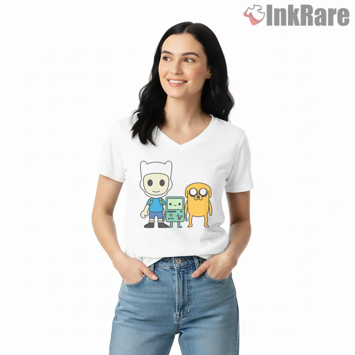 Finn Jake Bmo Trio Classic Minimal Cartoon V Neck White Finn Jake Bmo Trio Classic Minimal Cartoon Shirt on white v-neck shirt for women graphic tee