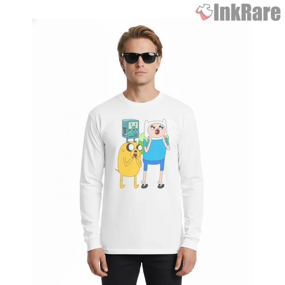 Finn Jake Bmo Trio Surprise Expression Cartoon Shirt on white long sleeve shirt for men graphic tee