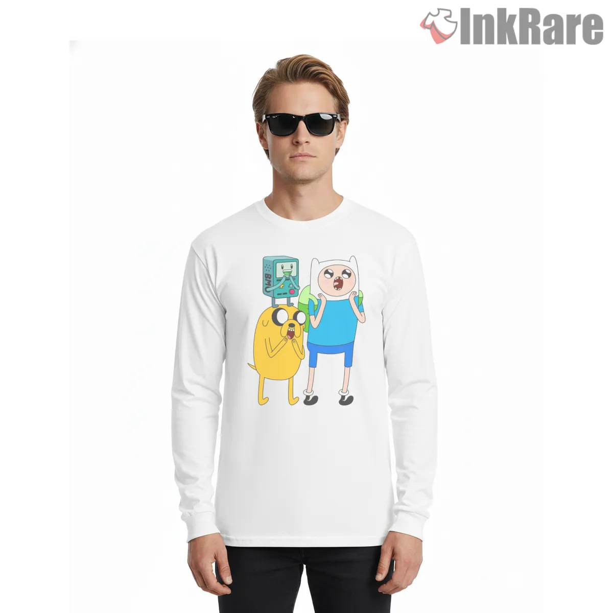 Finn Jake Bmo Trio Surprise Expression Cartoon Long Sleeve White Finn Jake Bmo Trio Surprise Expression Cartoon Shirt on white long sleeve shirt for men graphic tee