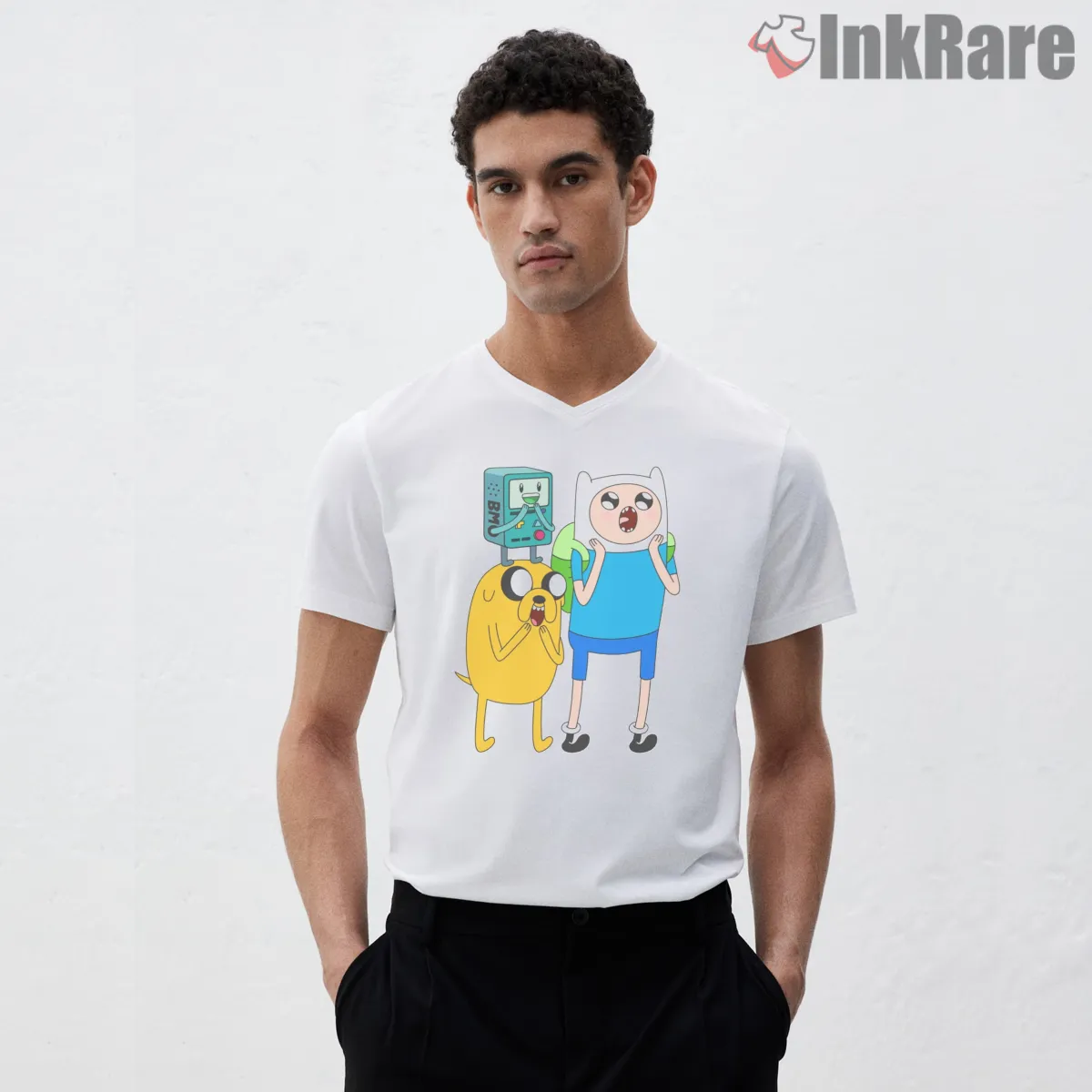 Finn Jake Bmo Trio Surprise Expression Cartoon V Neck White Finn Jake Bmo Trio Surprise Expression Cartoon Shirt on white v-neck shirt for men graphic tee