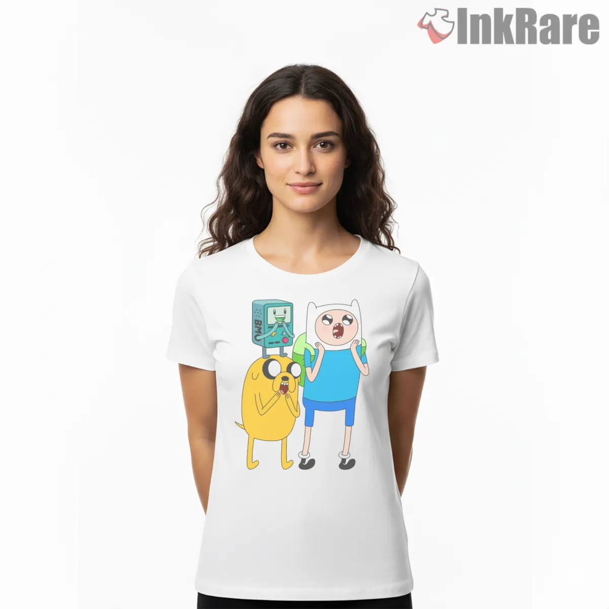 Finn Jake Bmo Trio Surprise Expression Cartoon Short Sleeve White Finn Jake Bmo Trio Surprise Expression Cartoon Shirt on white short sleeve shirt for women graphic tee