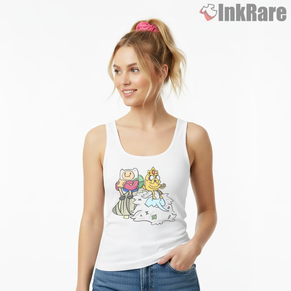 Finn Jake Ice King Sammies Funny Scene Cartoon Tank Top White Finn Jake Ice King Sammies Funny Scene Cartoon Shirt on white tank top for women graphic tee