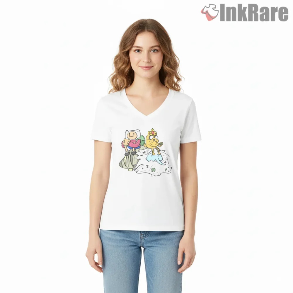 Finn Jake Ice King Sammies Funny Scene Cartoon Shirt on white v-neck shirt for women graphic tee