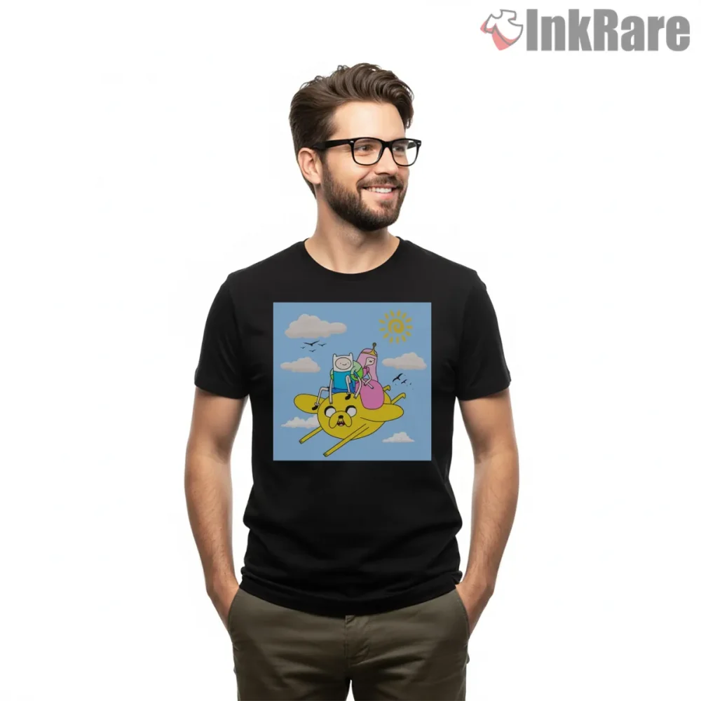 Finn Jake Princess Riding Cloud Adventure Cartoon Shirt on black short sleeve shirt for men graphic tee