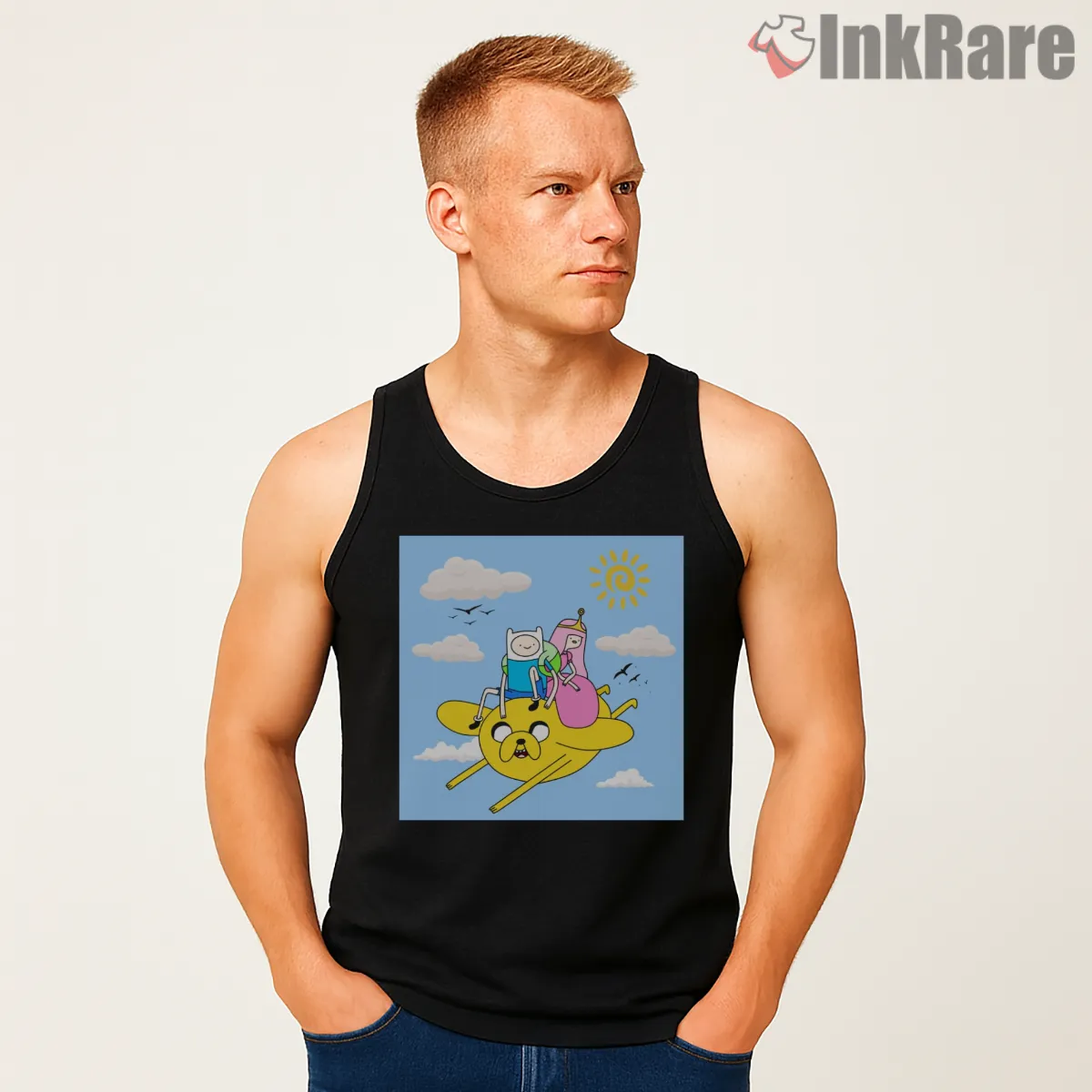Finn Jake Princess Riding Cloud Adventure Cartoon Tank Top Black Finn Jake Princess Riding Cloud Adventure Cartoon Shirt on black tank top for men graphic tee