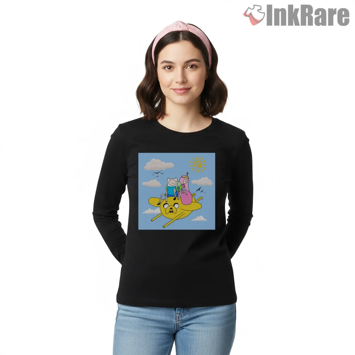 Finn Jake Princess Riding Cloud Adventure Cartoon Long Sleeve Black Finn Jake Princess Riding Cloud Adventure Cartoon Shirt on black long sleeve shirt for women graphic tee