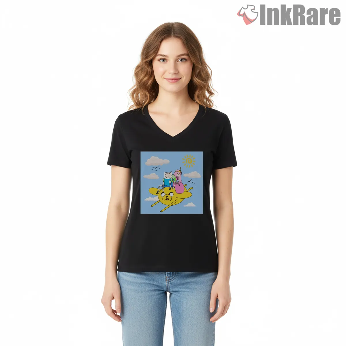 Finn Jake Princess Riding Cloud Adventure Cartoon V Neck Black Finn Jake Princess Riding Cloud Adventure Cartoon Shirt on black v-neck shirt for women graphic tee