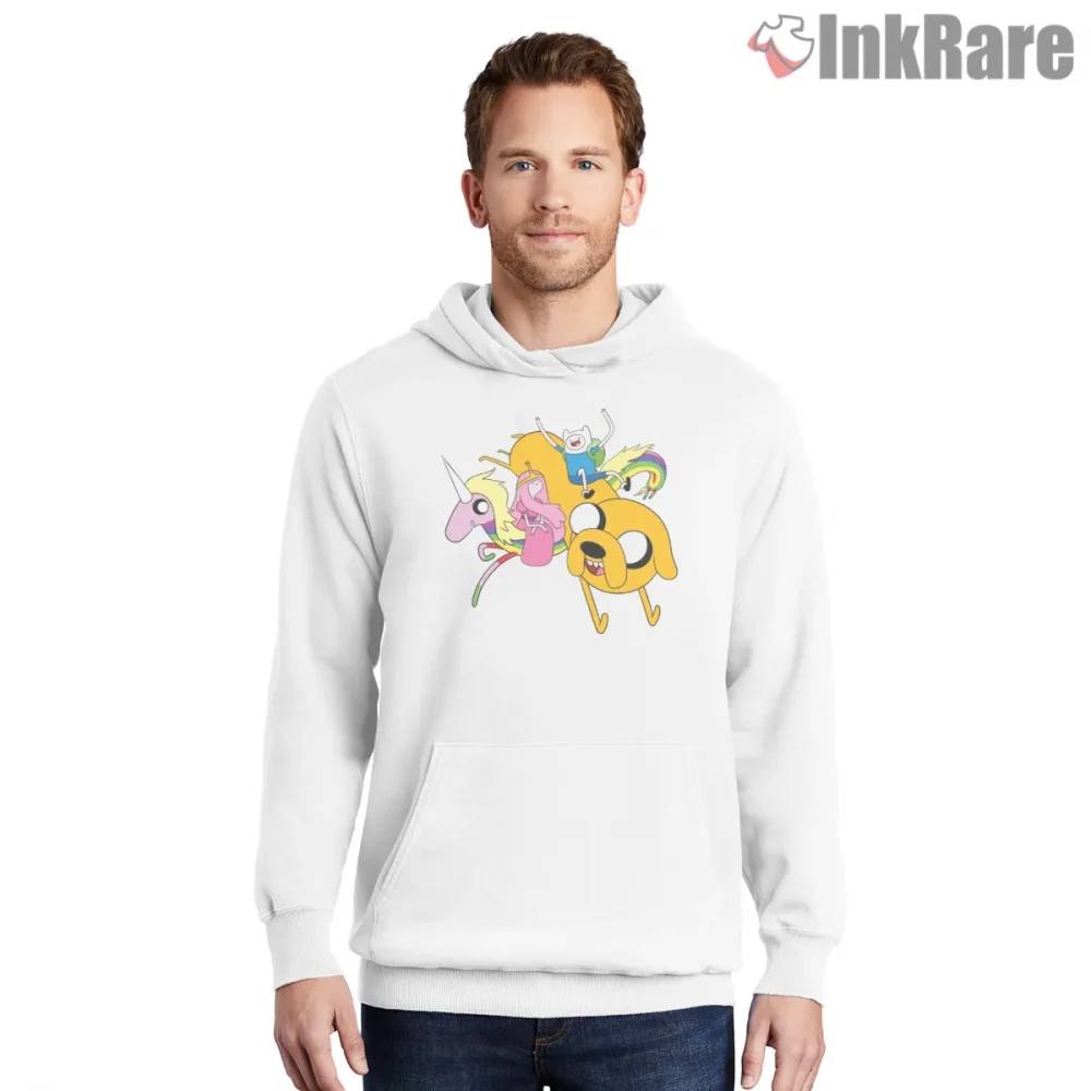 Finn Jake Riding Unicorn Adventure Cartoon Shirt on white hoodie for men graphic tee