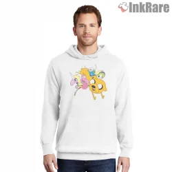 Finn Jake Riding Unicorn Adventure Cartoon Shirt on white hoodie for men graphic tee