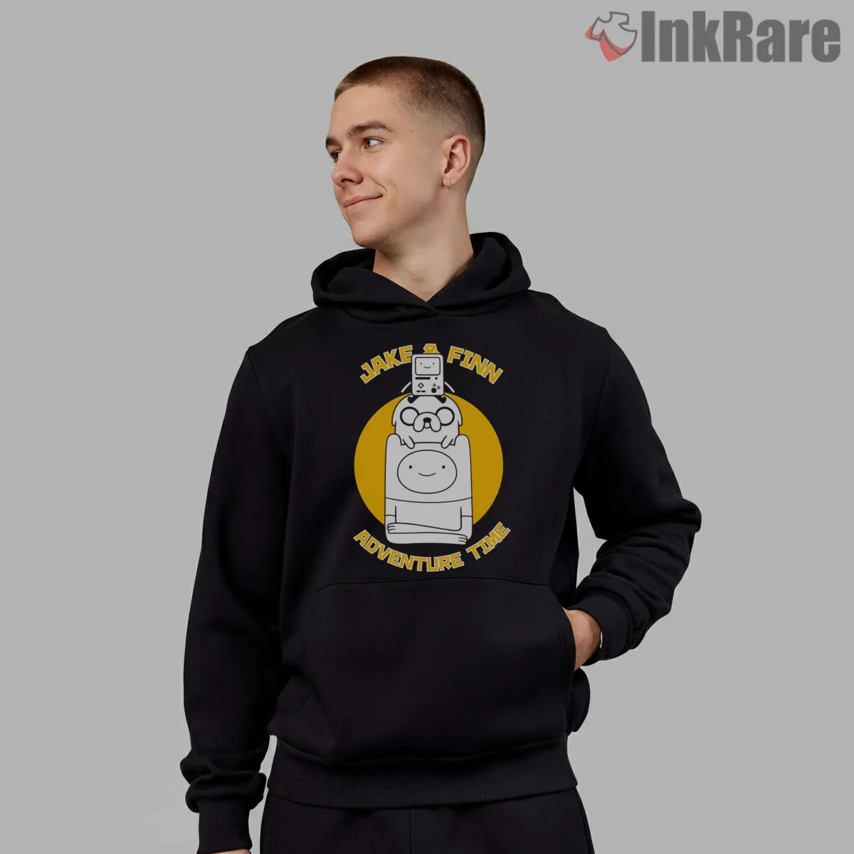 Finn Jake Stack Minimal Logo Style Cartoon Hoodie Black Finn Jake Stack Minimal Logo Style Cartoon Shirt on black hoodie for men graphic tee