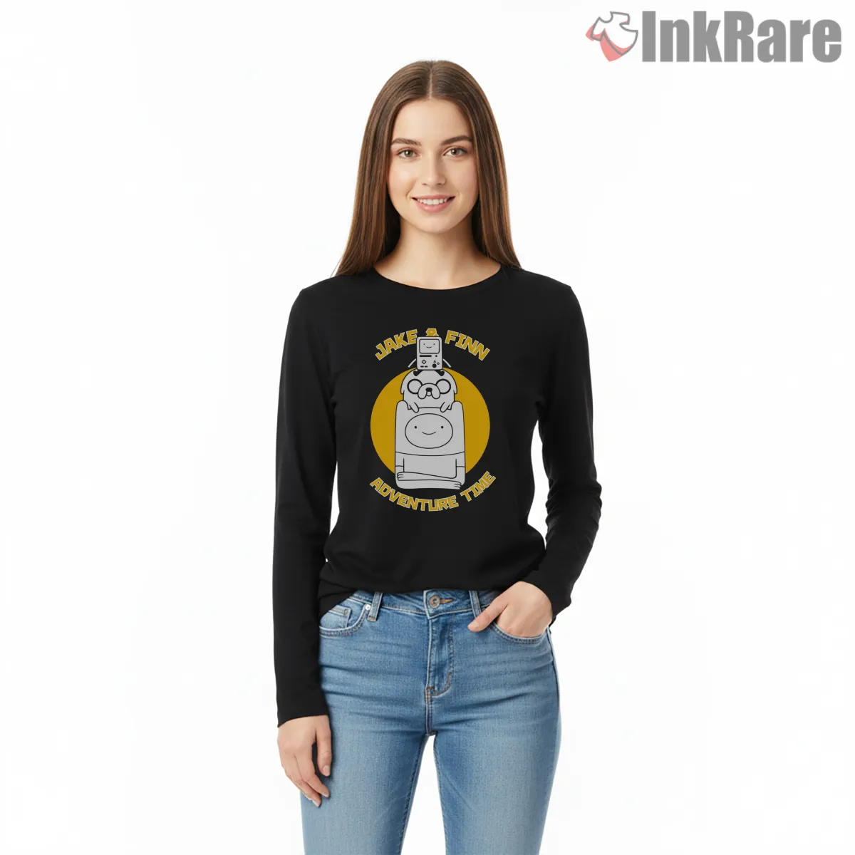 Finn Jake Stack Minimal Logo Style Cartoon Long Sleeve Black Finn Jake Stack Minimal Logo Style Cartoon Shirt on black long sleeve shirt for women graphic tee