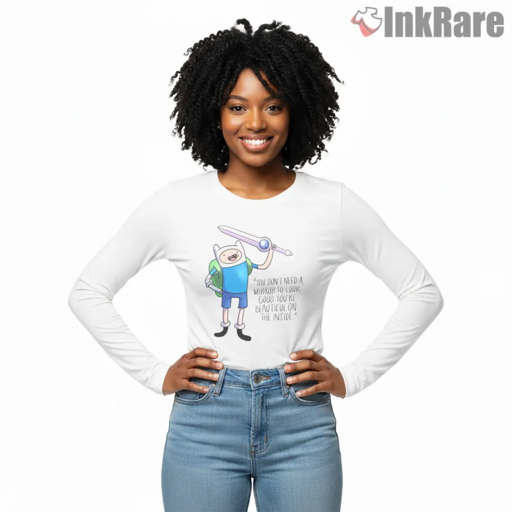 Finn Positive Quote Sword Pose Cartoon Shirt on white long sleeve shirt for women graphic tee