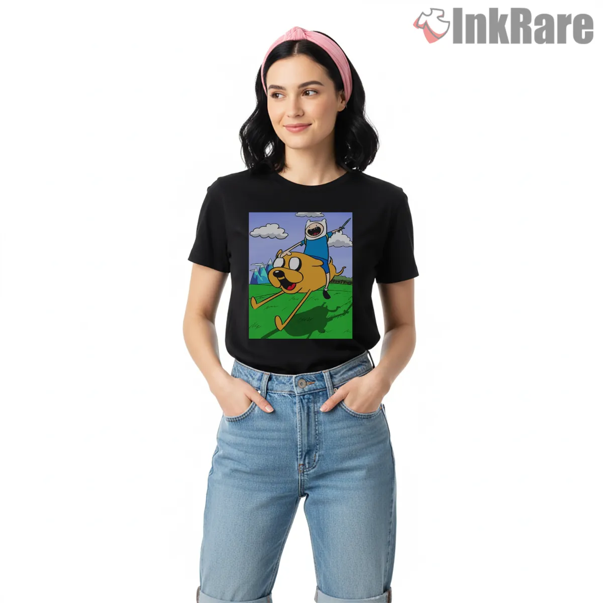 Finn Riding Jake Open Field Adventure Cartoon Shirt on black short sleeve shirt for women graphic tee
