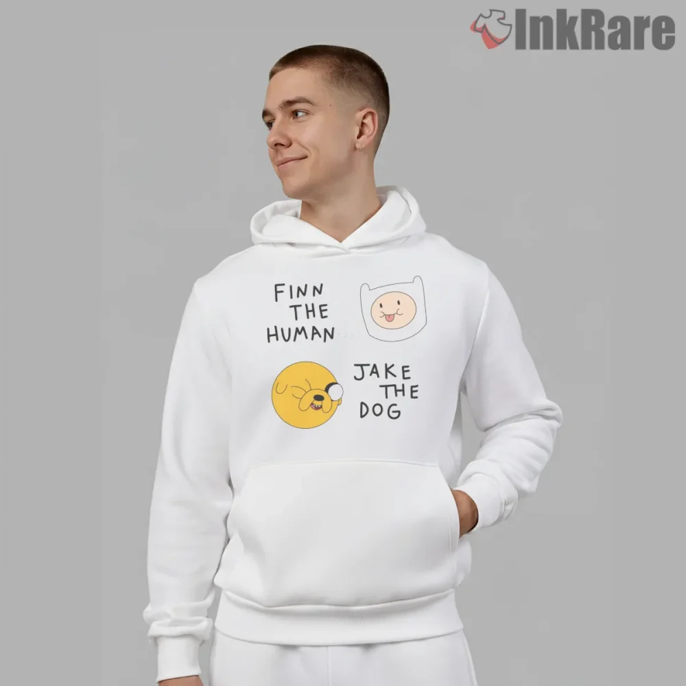 Finn The Human Jake The Dog Minimal Intro Shirt on white hoodie for men graphic tee