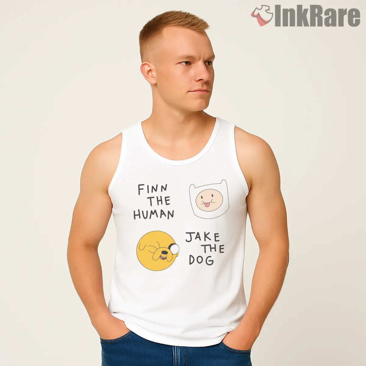 Finn The Human Jake The Dog Minimal Intro Tank Top White Finn The Human Jake The Dog Minimal Intro Shirt on white tank top for men graphic tee