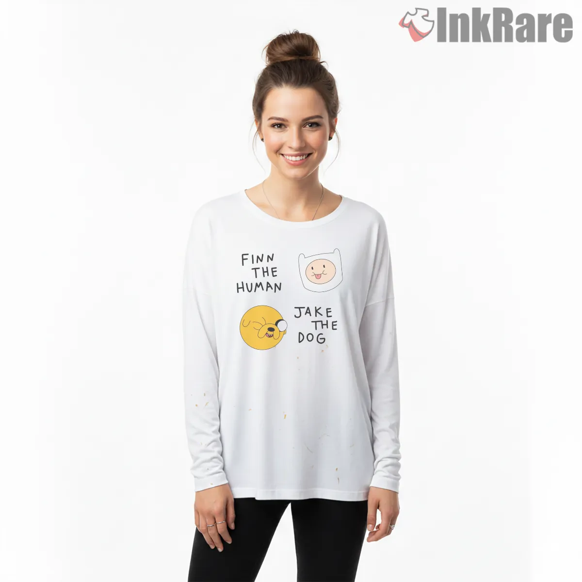Finn The Human Jake The Dog Minimal Intro Long Sleeve White Finn The Human Jake The Dog Minimal Intro Shirt on white long sleeve shirt for women graphic tee