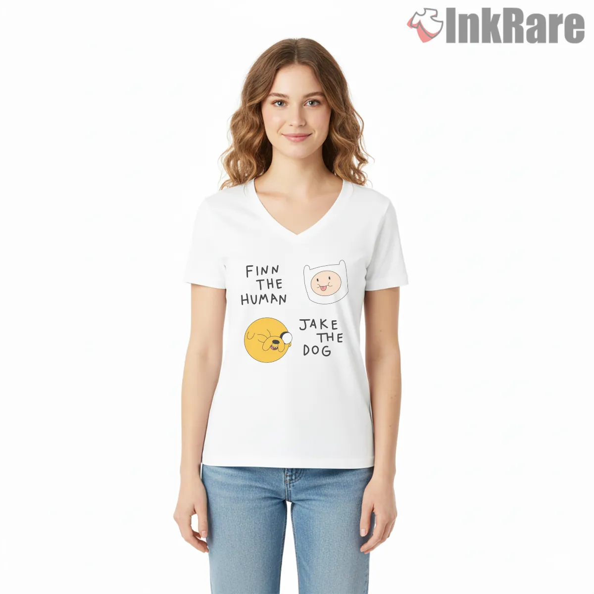 Finn The Human Jake The Dog Minimal Intro V Neck White Finn The Human Jake The Dog Minimal Intro Shirt on white v-neck shirt for women graphic tee