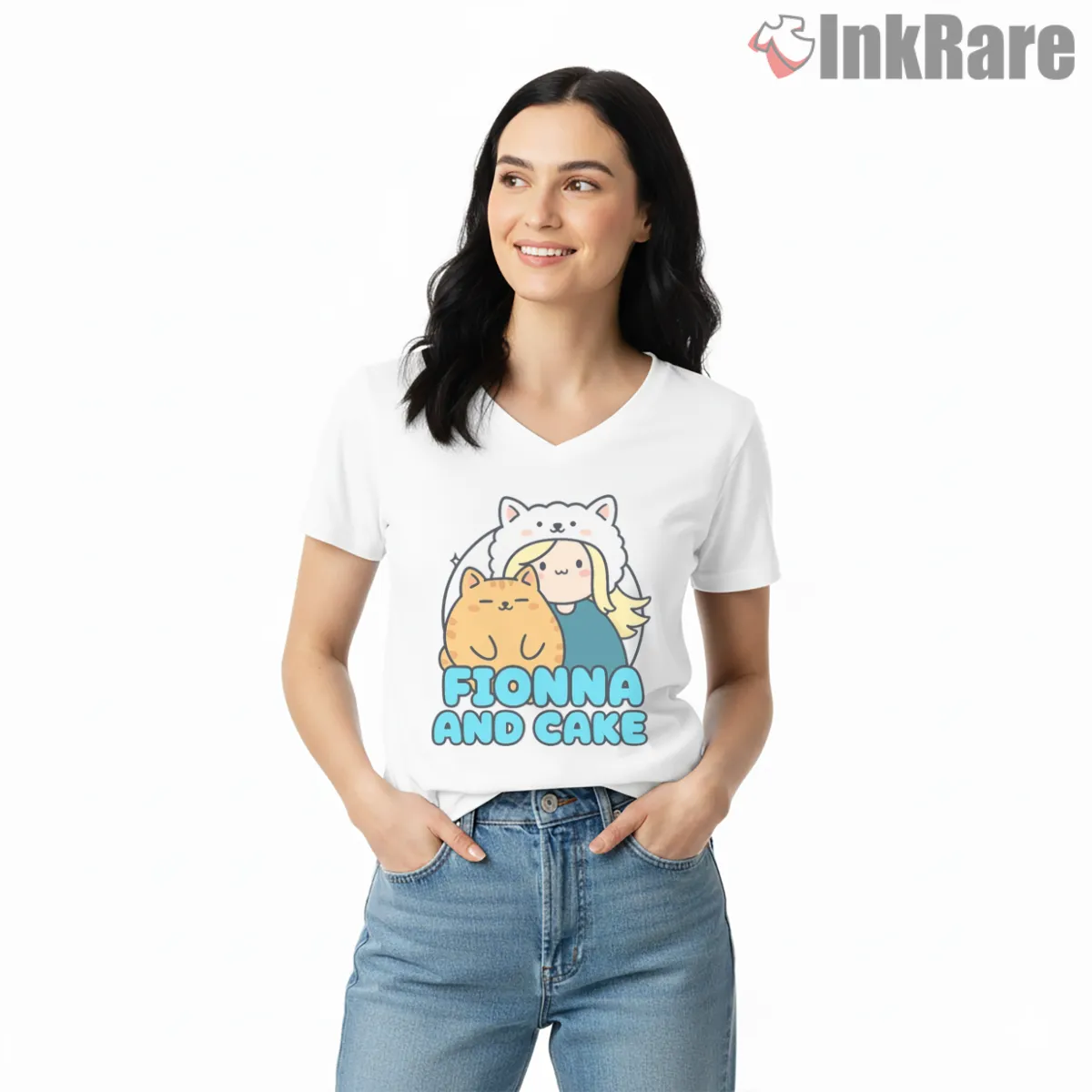Fionna And Cake Cute Duo Minimal Cartoon V Neck White Fionna And Cake Cute Duo Minimal Cartoon Shirt on white v-neck shirt for women graphic tee
